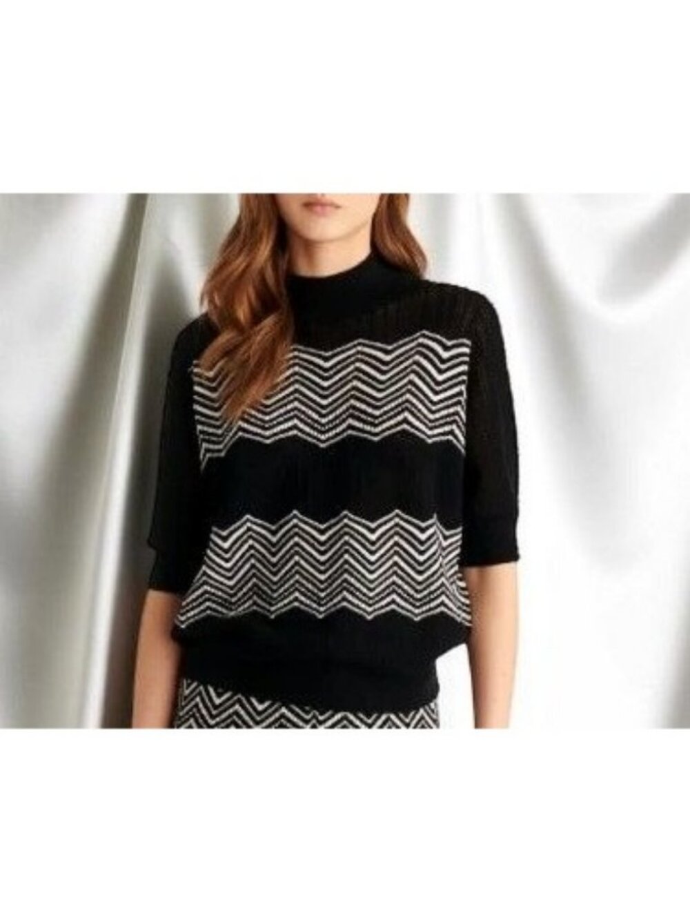 Eres Sweety Wool-Cashmere Chevron Knit Sweater Top  Black/White  Sz S New W Tags